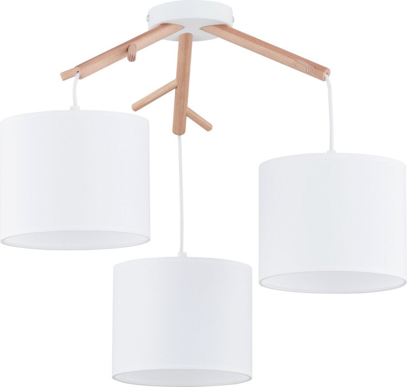 Albero loftlampe, m. 3 skjermer - hvitt stoff, naturlig furu og hvitt stål