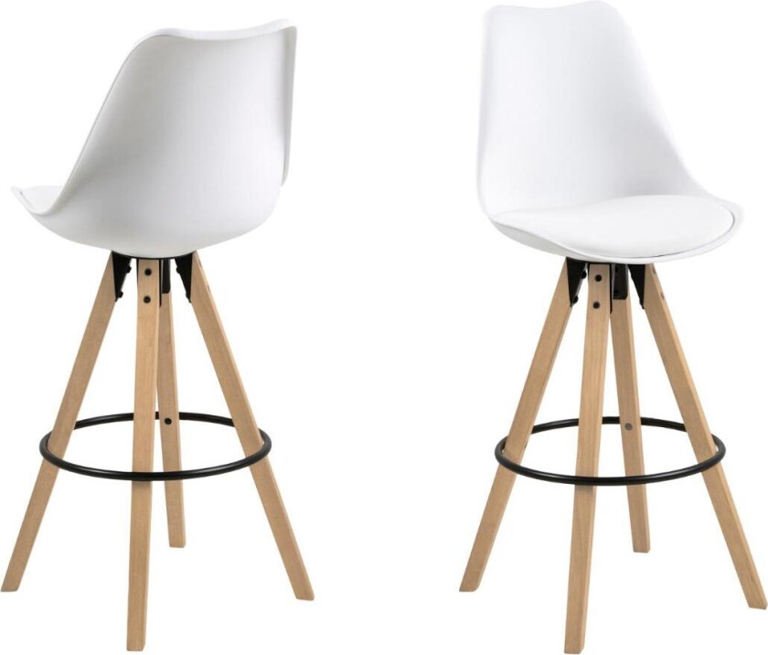 Dima barstol, PU snøhvit SWT1 og matt hvit grov polypropylen, base NC lakkert gummitre.