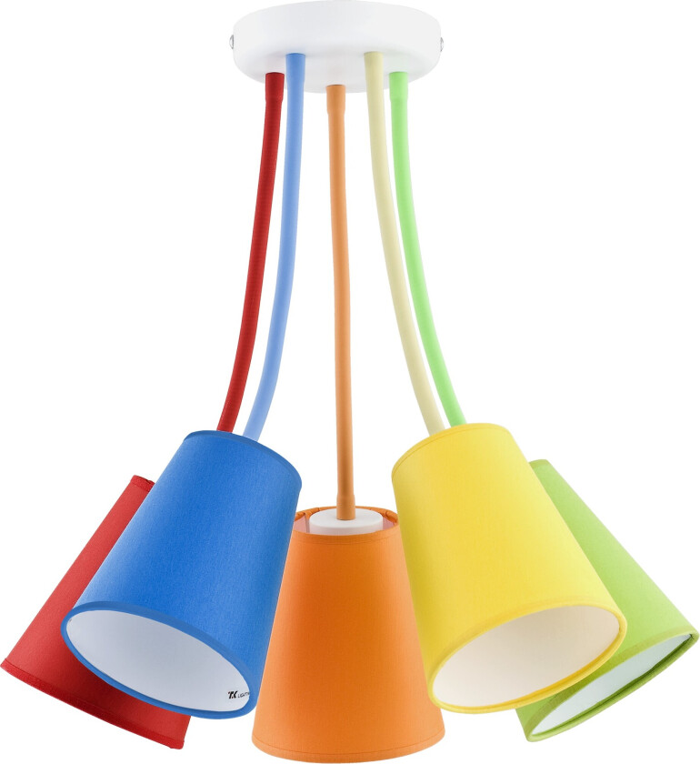 Trådfarve taklampe, m. 5 skjermer - flerfarget stoff og hvitt metall