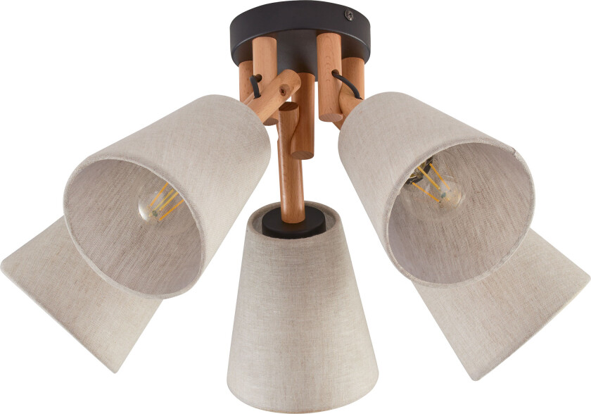 Vaio taklampe, m. 5 skjermer - naturlig linstoff, tre og metall