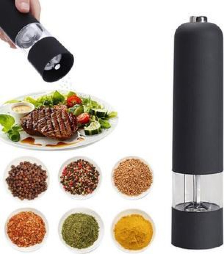 Automatisk salt- og pepperkvern Elektrisk krydderkvern for urter og pepper - svart