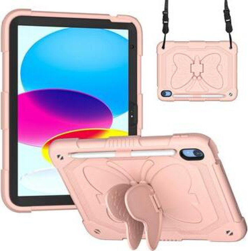 Støtsikkert etui til iPad 10.9 (2022) Butterfly Shape Kickstand Tablet Case Silicone + PC Protective Cover with Shoulder Strap - Pink