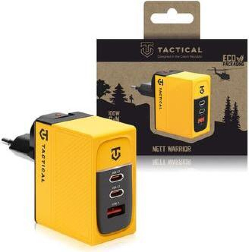 Nett Warrior GaN 100W vegglader - 2x PD3.0 USB-C, QC3.0 USB-A - Gul