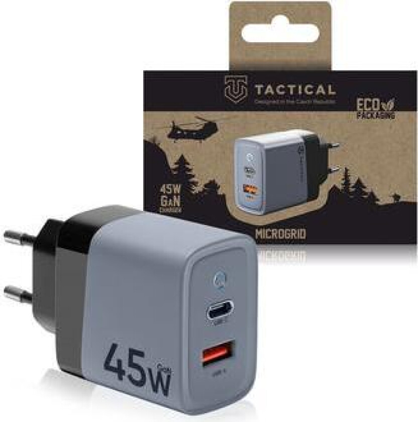 Microgrid GaN 45W vegglader - PD3.0 USB-C, QC3.0 USB-A - grå
