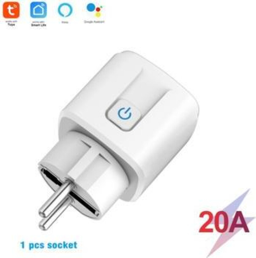 Smart Plug 16A/20A WiFi-stikkontakt for Amazon Alexa Google Assistant - Hvit/EU-plugg/20A