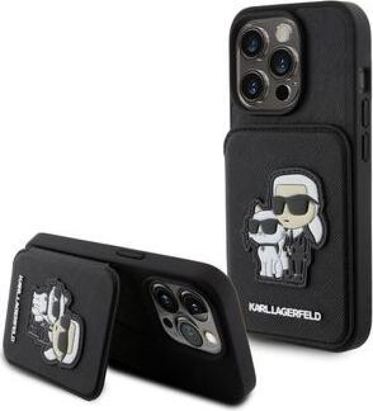 iPhone 15 Pro Karl Lagerfeld Saffiano Card Slot Stand Karl & Choupette Case - Black