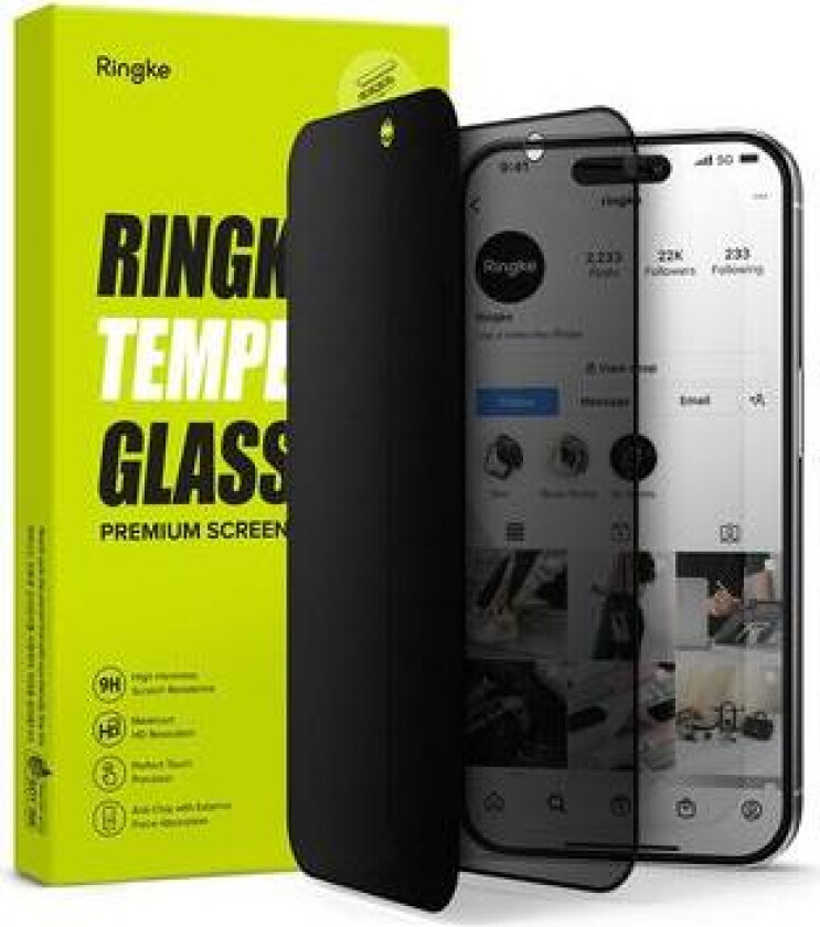 iPhone 15 Pro Ringke TG Privacy skjermbeskytter i herdet glass - svart kant