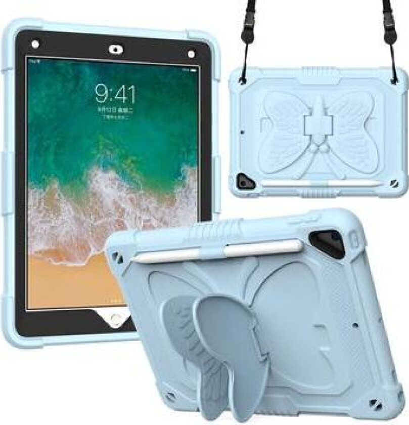 Sommerfuglformet PC-støttebenk + nettbrettdeksel i silikon med skulderstropp for iPad 9,7-tommers (2018)/(2017)/iPad Air 2 - blå