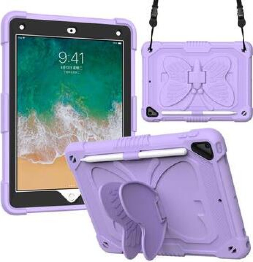 Sommerfuglformet PC-stativ + nettbrettdeksel i silikon med skulderstropp for iPad 9,7-tommers (2018)/(2017)/iPad Air 2 - Lilla