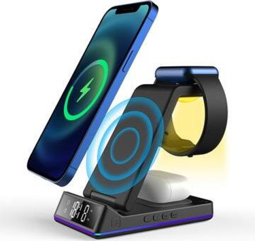Z6 Sammenleggbar 5-i-1 15W Magnetisk Trådløs Lader med Blinkende Stemningslys/Digitalklokke
