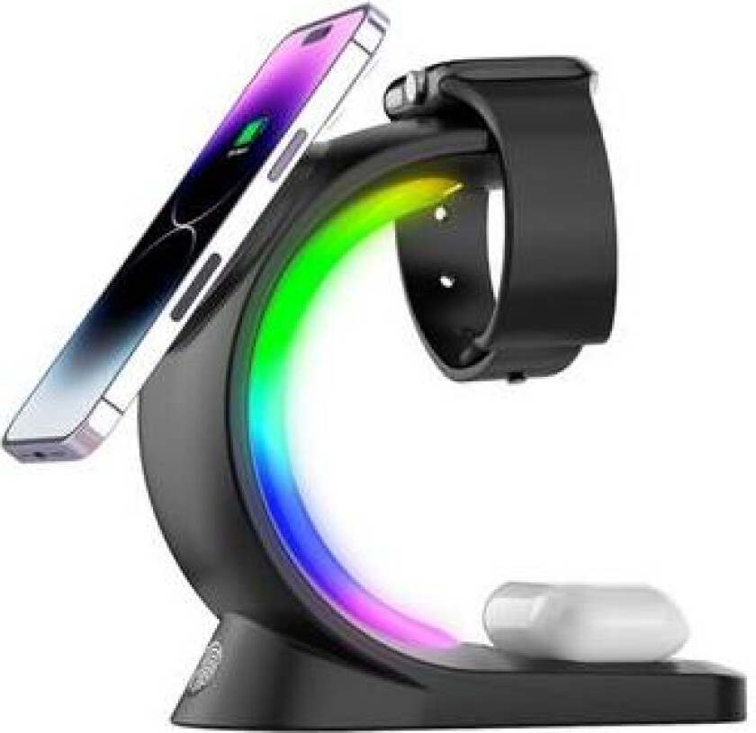 T17 3-I-1 Magnetisk Trådløs Lader til iPhone 12/13/14/15-Serien Med RGB-Lys