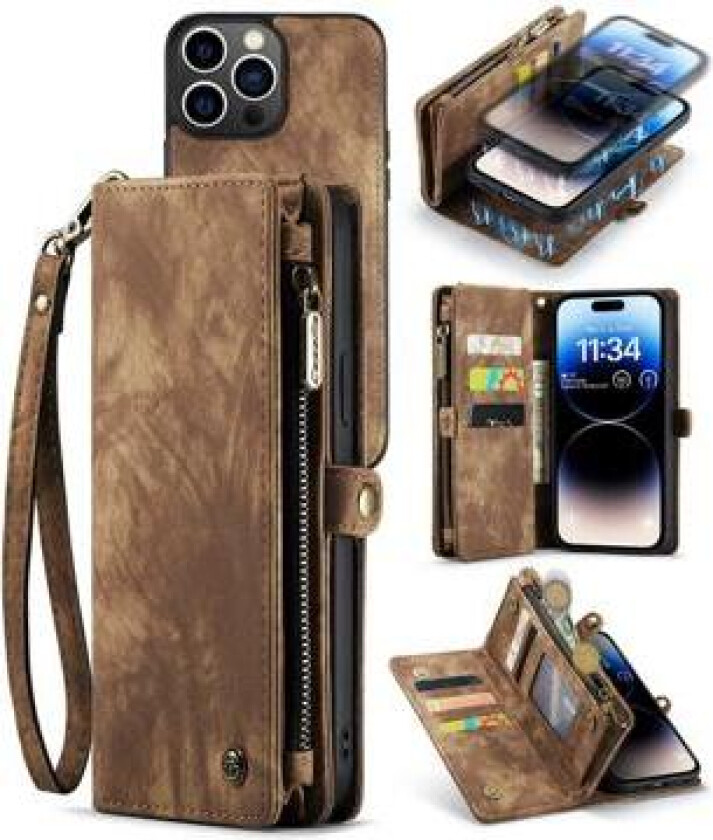 2-i-1 Multifunksjonell iPhone 14 Pro Max Lommebok-deksel - Brun