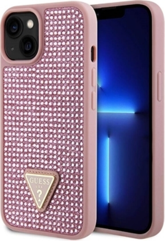 iPhone 15 Guess Rhinestones Triangle Metal Logo Deksel - Rosa