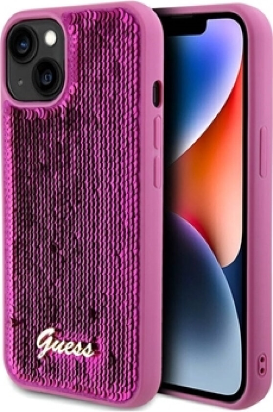 iPhone 15 Guess Sequin Script Logo Deksel - Magenta