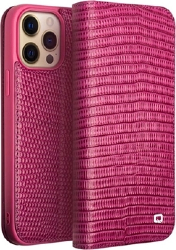 iPhone 14 Pro Lommebok-deksel I Lær - Krokodille - Varm Rosa
