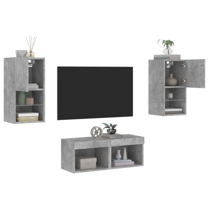 Vegghengte TV-benker med LED 4 stk betonggrå
