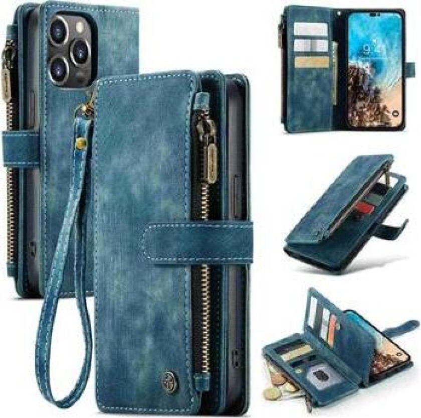 C30 Multifunksjonell iPhone 14 Pro Max Lommebok-deksel - Blå