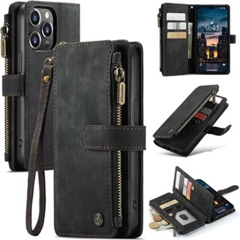 C30 Multifunksjonell iPhone 14 Pro Max Lommebok-deksel - Svart