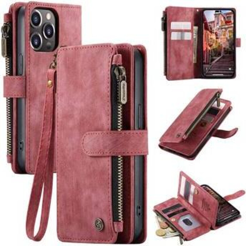 C30 Multifunksjonell iPhone 14 Pro Lommebok-deksel - Rød