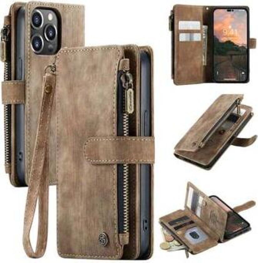 C30 Multifunksjonell iPhone 14 Pro Lommebok-deksel - Brun