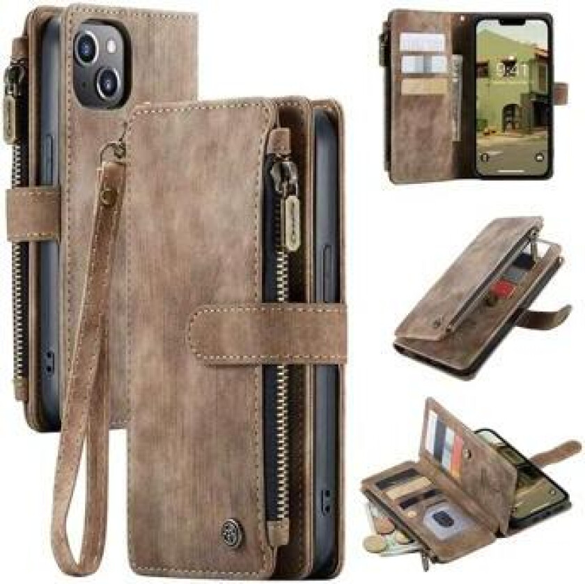 C30 Multifunksjonell iPhone 14 Plus Lommebok-deksel - Brun