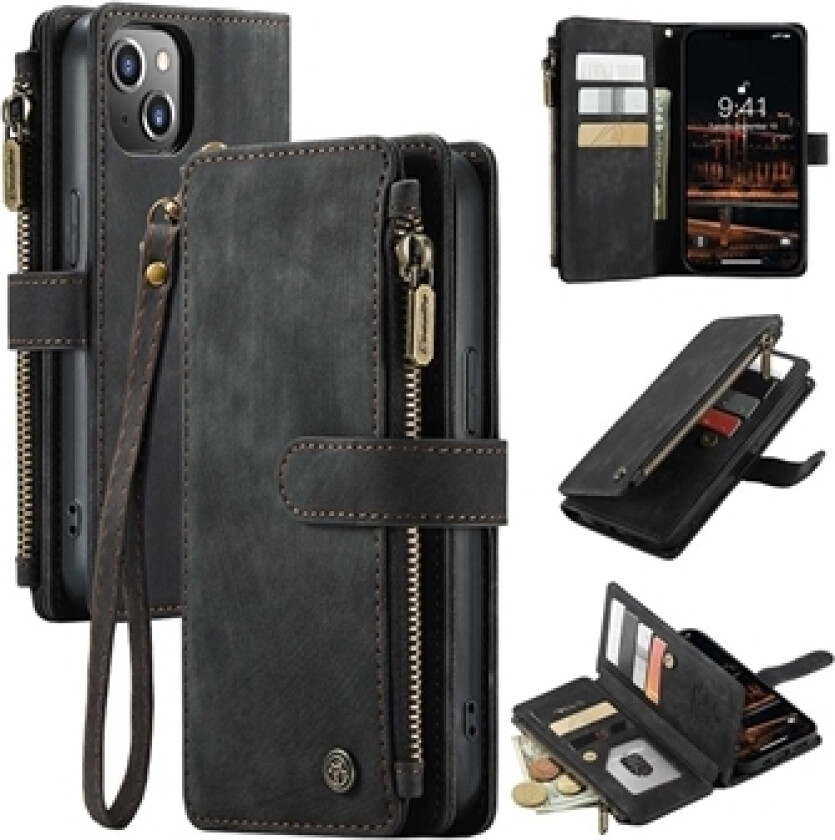 C30 Multifunksjonell iPhone 14 Plus Lommebok-deksel - Svart