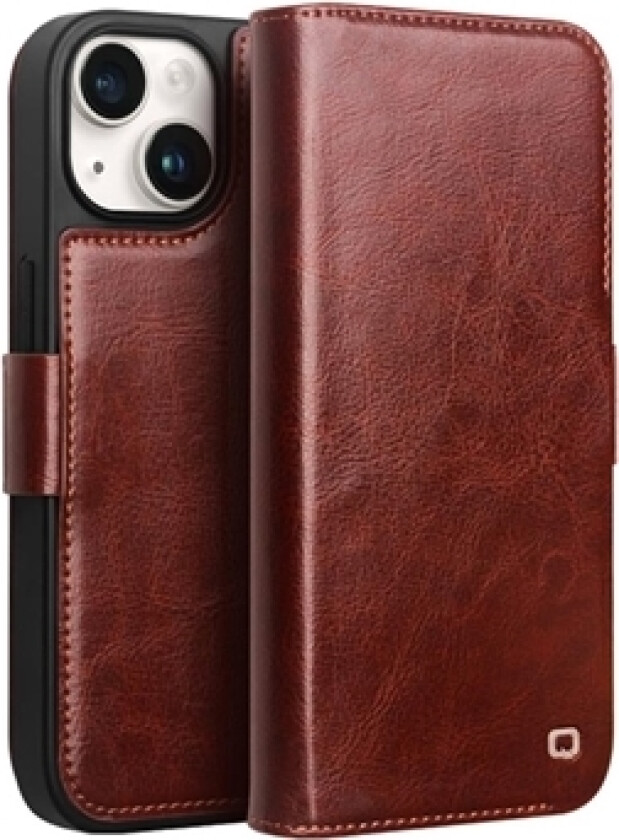 iPhone 15 Qialino Classic Lommebok-deksel I Lær - Mørkebrun