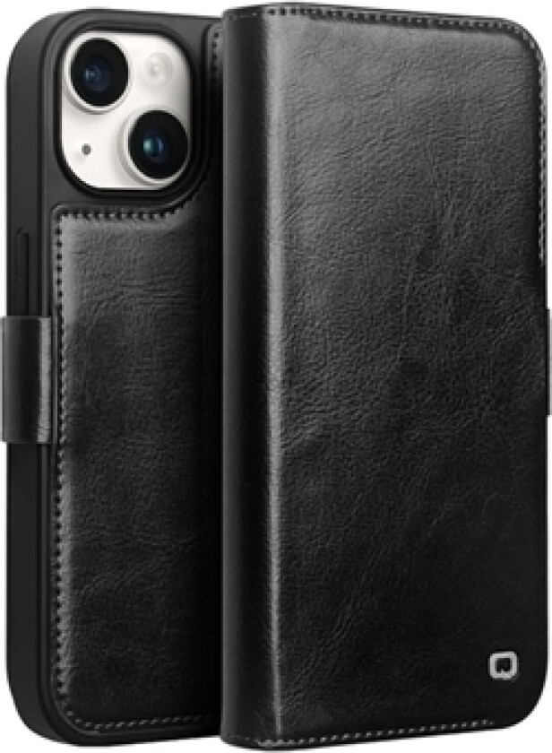 iPhone 15 Qialino Classic Lommebok-deksel I Lær - Svart