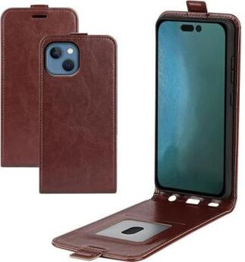 iPhone 14 Plus Vertikalt Flip-Deksel med Kortlomme - Brun