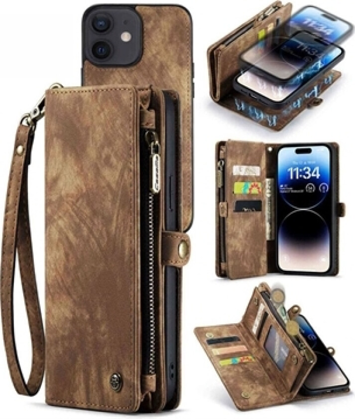 2-i-1 Multifunksjonell iPhone 12/12 Pro Lommebok-deksel - Brun