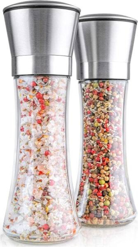 Krydderkvern, pepperkvern med justerbar grovhetsmekanisme - salt- og pepperkvern i rustfritt stål, 2 per sett, krydder, pepper