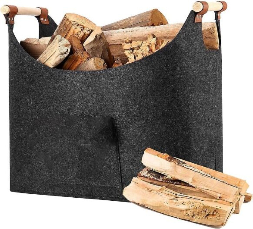 Vedkurv med pose, sammenleggbar vedkurv for ved, vedpose i filt med forsterket tre