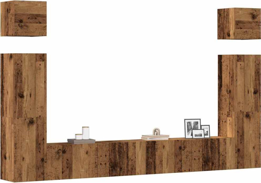 TV-skapsett 6 deler veggmontert gammelt tre konstruert tre