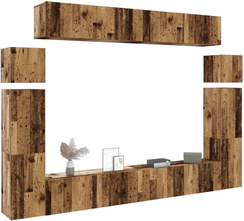 TV-skapsett 8 deler veggmontert gammelt tre konstruert tre