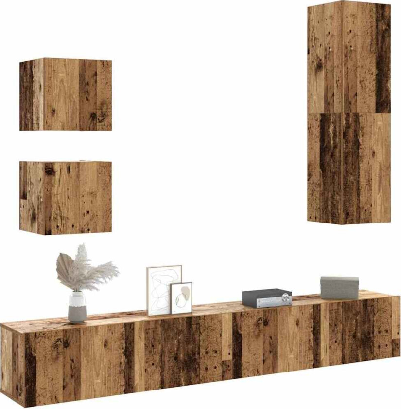TV-skapsett 5 deler veggmontert gammelt tre konstruert tre