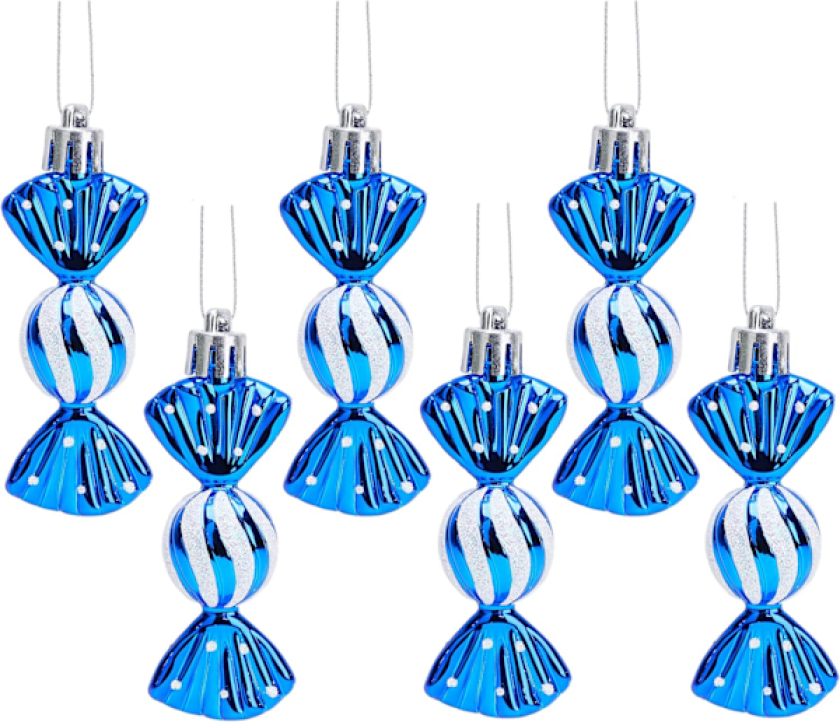 6 stk - 8 cm Mini søte formede julekuler - Blanke og glitterdekorerte - Julepynt (Blå) Blue