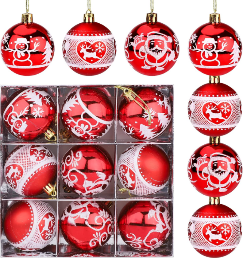 (Rød) 9 stk julekuler, 60 mm julekuledekorasjoner D