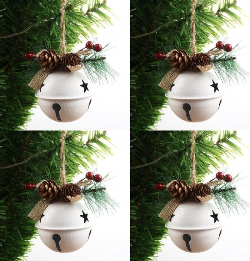 4-pakke juleklokkehengende dekor, metallklokkespillornament med minikongler bær, juletreanheng hengende klokke (hvit, 6 cm)