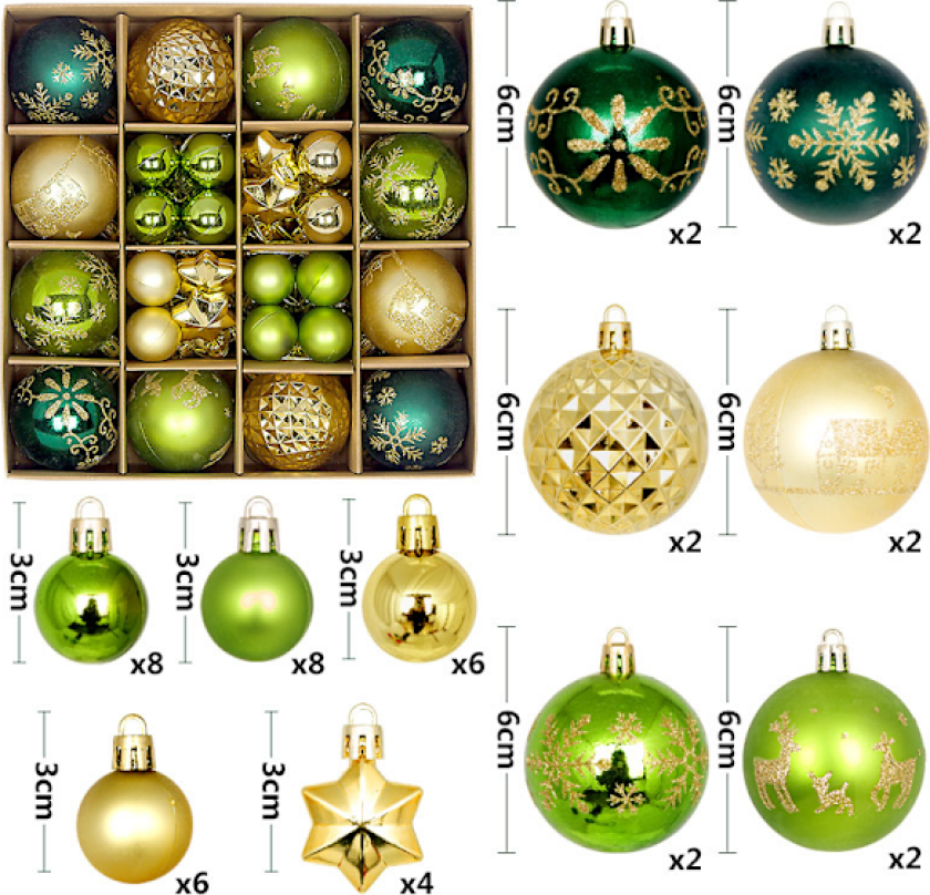 Nye julekuler 44 stk malt spesialformet pappeske 3-6 cm sett julepynt forgylt kule anheng B