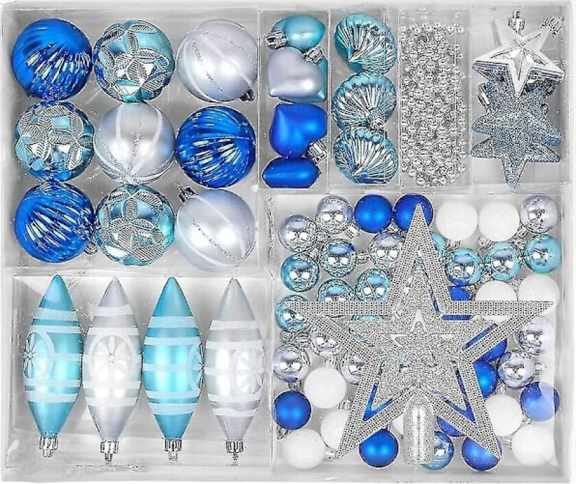 Blå/sølv julekuler, juletrepynt 73 stykker, plastpyntkuler, julepynt av høy kvalitet