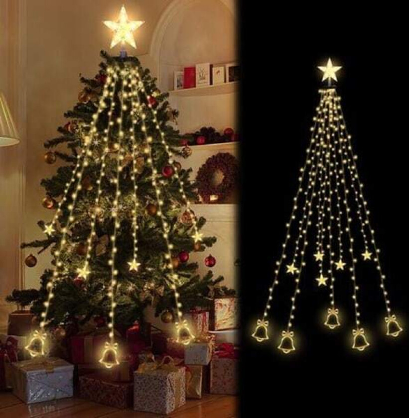 LED juletrelys girlander 200 LED 2m Utendørs julegirlander med stjernerring Bjeller Varm hvit