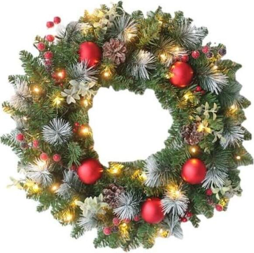 Julekrans for dørdekorasjon Dekorasjon med furukongler Bær Snøflak (30CM, 20 LED-lys)