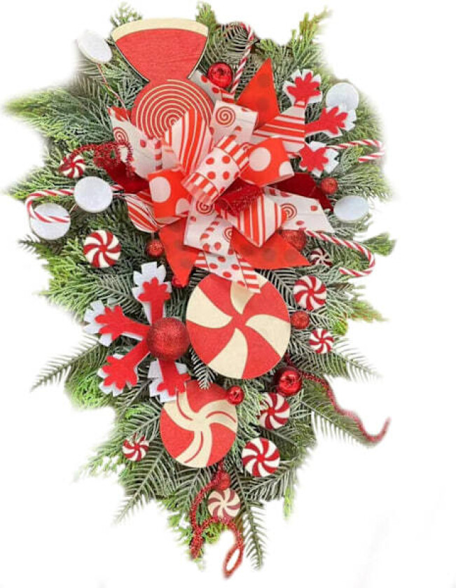 Candy Cane Krans for Ytterdøren Rød Hvit Teardrop Juldørkrans Candy Cane Julekrans med Bånd Bowknot for Juledekorasjoner Girlander