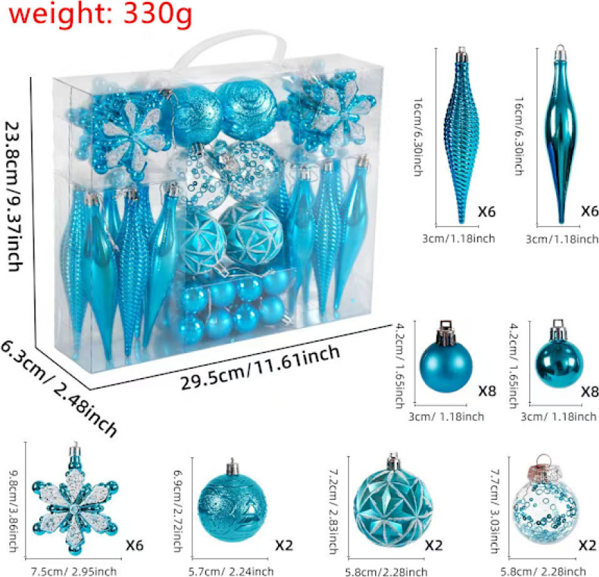 40 Karat Julekuledekorasjonssett - Assortert Uknuselig Hengende Tredekorasjonssett for Juletrefest og Hjemmedekor (Blå)