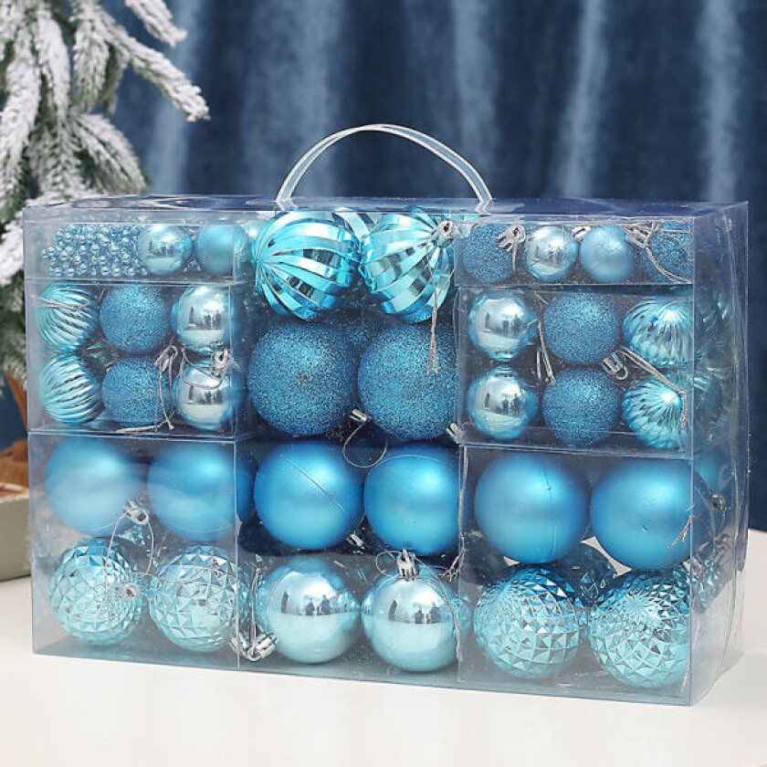 Sett med 93 blå, robuste julekuler i plast for innendørs og utendørs bruk