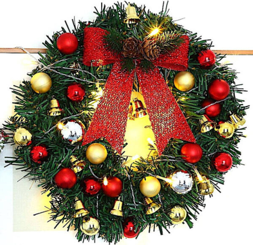 Julekrans med 20 LED-lys og bjeller, julekrans lysstreng grenlys for stue peis og vinduer