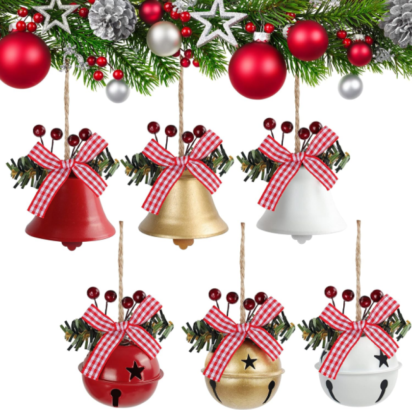 Sett med 6 Julepynt til Henging - Julekule og Metallklokke Sett med Bånd for Tre, Vindu/Dør, Tilbehør