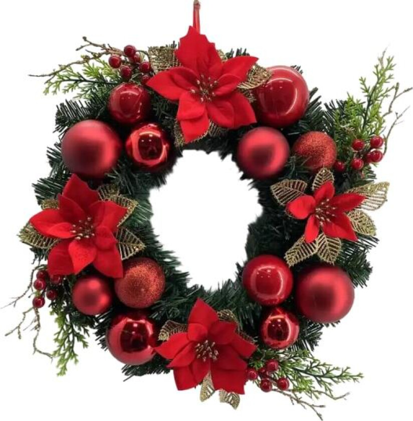 Røde juleblomstblomster Røde bær Utendørs hengende DIY julekrans Dørdekorasjon Kunstig krans