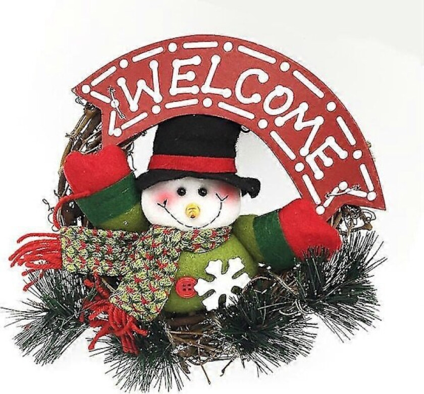 Julekrans for inngangsdøren, hengende krans med snømannpynt, naturlig rottingkrans