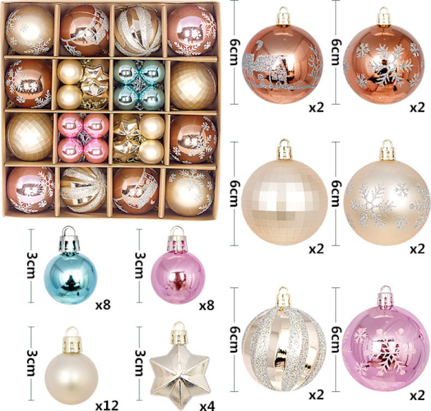 Nye julekuler 44 stk malt spesialformet pappeske 3-6 cm sett julepynt forgylt kule anheng B